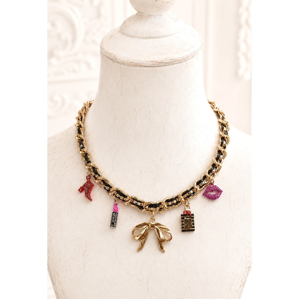 Betsey Johnson Going All Out Charm Necklace Gold Ribbon Chain Shoe Lipstick NWT